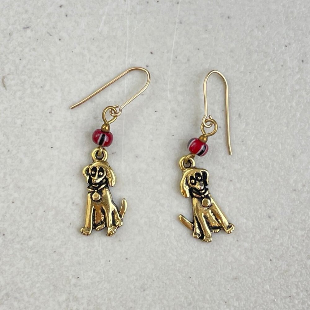 Vintage dog earrings 1990s puppy shape gold color pierced earrings small dangle